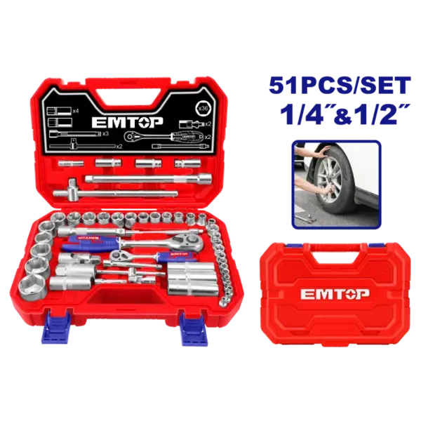 Trusa de scule si accesorii 1 4, ³ + 1 2, ³, 51 componente, cutie de transport - ESKT42511, EMTOP