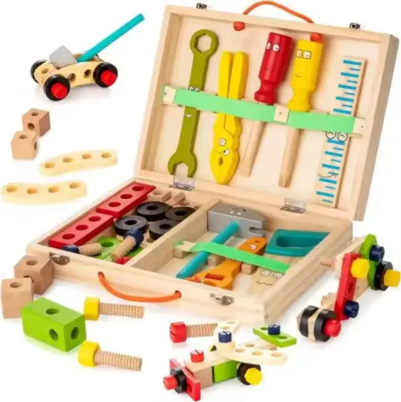 Trusa de unelte din lemn pentru copii tip Montessori - Joc educativ de bricolaj si asamblare 36+
