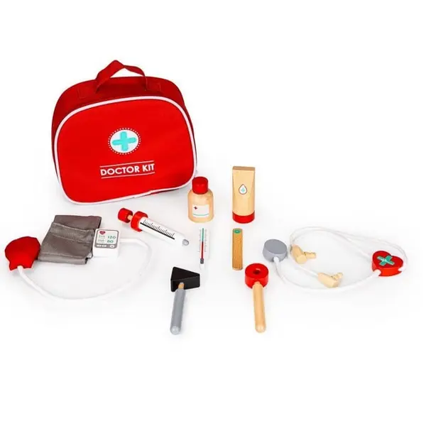 Trusa medicala Ecotoys, lemn, 9 piese, rosu KID068815, la doar 128,00 lei