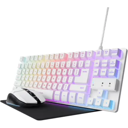 Trust Kit tastatura mouse si pad TRUST GXT794W, pt. gaming, 3-IN-1, cu fir tastatura, Wireless 2.4 GHz pt. mouse, Alb, Aspect SUA, 25232