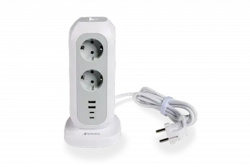 Turn de alimentare Verbatim EUPT-01, 11 prize AC, 2x USB-C, 2x USB-A, design vertical compact, protectie la suprasarcina, cablu 2 m, comutator on/off, material ignifug, obloane de siguranta pentru copii, putere maxima 3600W (Alb)
