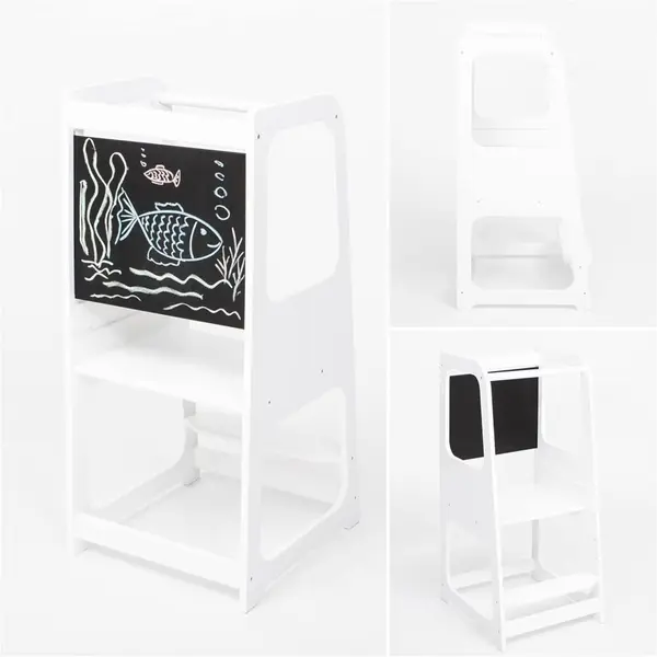 Turn de invatare din lemn pin si MDF Ginger Home design Montessori Tower cu tabla si inaltime reglabila,margini si colturi rotunjite pentru siguranta maxima,structura stabila in forma A,dimensiune 40x44x90 cm