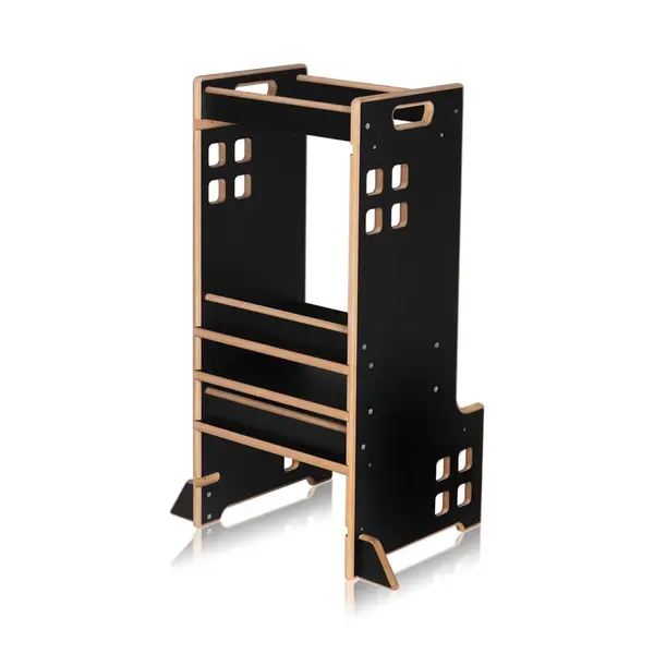 Turn de invatare Montessori, Lionelo, Cass, Functie de raft pentru carti, Pana la 30 kg, 12 luni - 6 ani, Din MDF si furnir, 3 trepte de inaltime, Negru