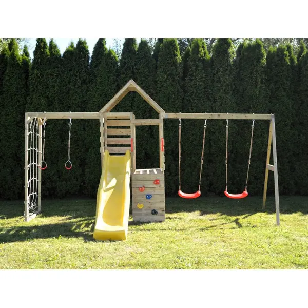 Turn de joaca cu 2 platforme, panou de catarare, tobogan, leagan dublu si modul de gimnastica Wendi Toys