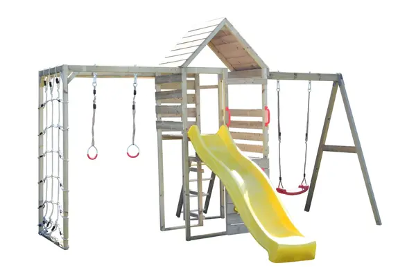 Turn de joaca cu 2 platforme, Wendi Toys, panou de catarare, tobogan, leagan si modul de gimnastica