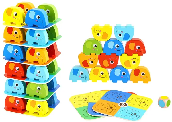 Turnul de echilibru din lemn pentru copii Tooky Toy - Elefantei