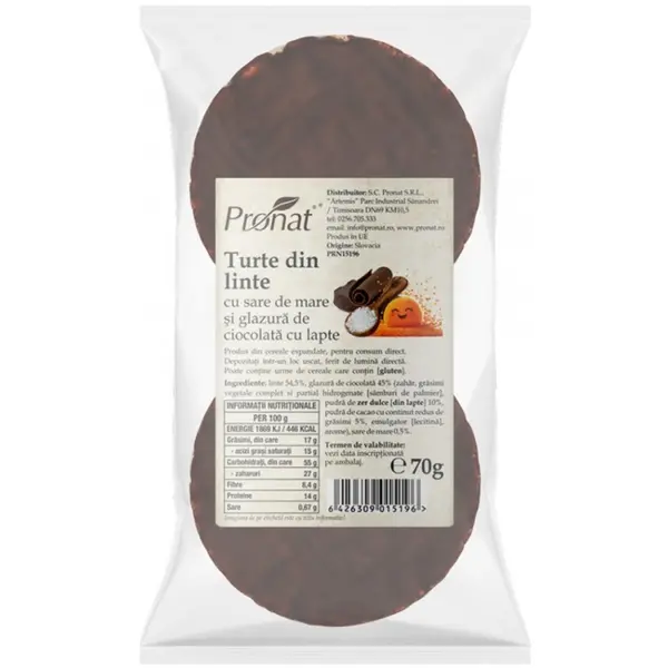 Turte din Linte cu Sare de Mare si Glazura de Ciocolata cu Lapte, 70 g, Pronat
