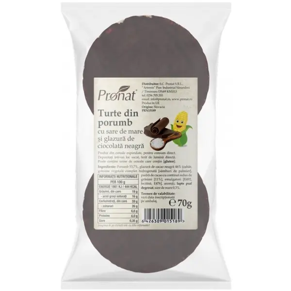 Turte din Porumb cu Sare de Mare si Glazura de Ciocolata Neagra, 70 g, Pronat