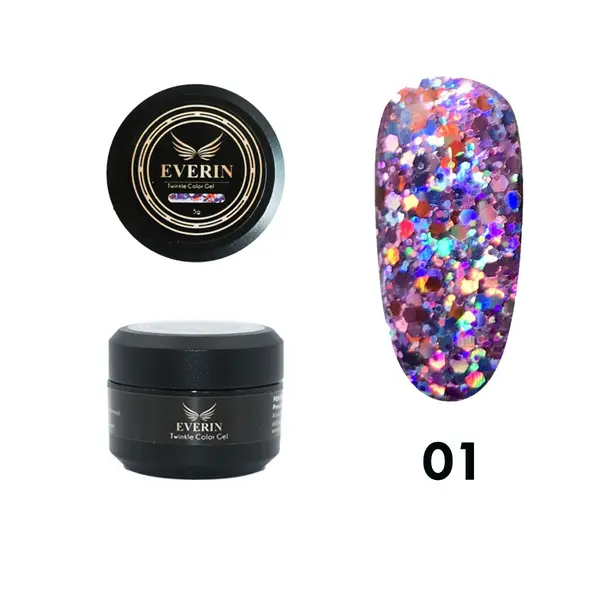 Twinkle Color Gel EVERIN 5ml – 01 | Gel Color cu Sclipici Holografic Multicolor pentru Manichiură Profesională