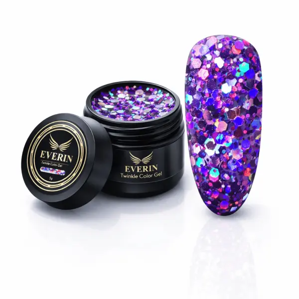 Twinkle Color Gel EVERIN 5ml – 02 | Gel Color Violet Holografic cu Sclipici Multicolor pentru Manichiură Profesională