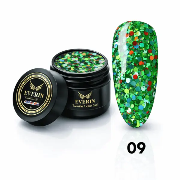 Twinkle Color Gel EVERIN 5ml – 09 | Gel Color Verde Smarald cu Sclipici Holografic Multicolor pentru Manichiură Profesională