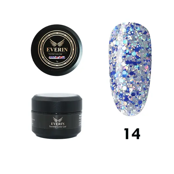 Twinkle Color Gel EVERIN 5ml – 14 | Gel Color Albastru-Argintiu cu Sclipici Holografic pentru Manichiură Profesională