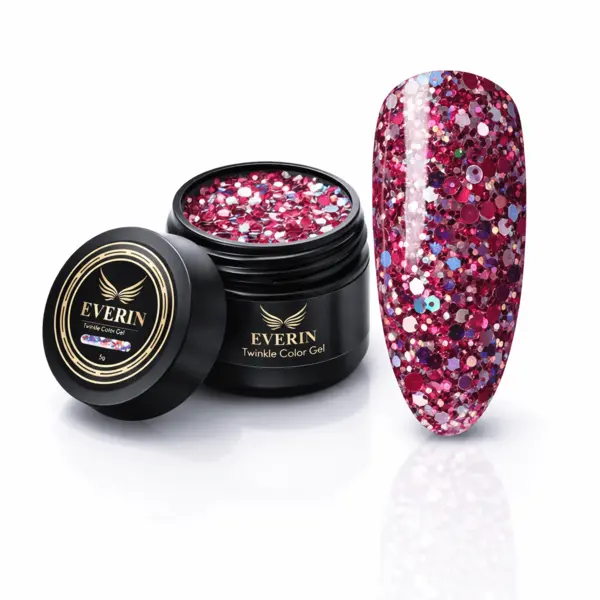Twinkle Color Gel EVERIN 5ml – 19 | Gel Color Roz Intens cu Sclipici Holografic Multicolor pentru Manichiură Profesională