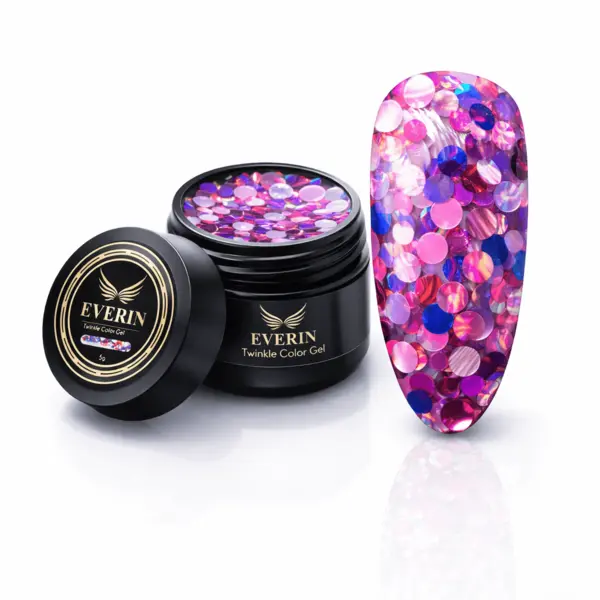 Twinkle Color Gel EVERIN 5ml – 20 | Gel Color Fuchsia Holografic cu Sclipici Irizat pentru Manichiură Profesională