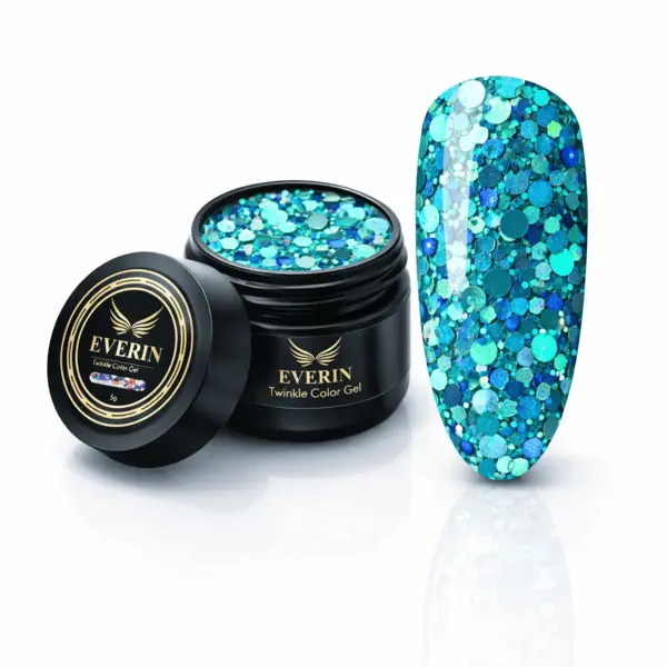 Twinkle Color Gel EVERIN 5ml – 22 | Gel Color Albastru-Turcoaz cu Sclipici Holografic pentru Manichiură Profesională