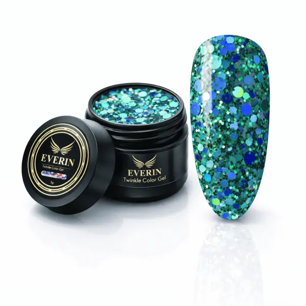 Twinkle Color Gel EVERIN 5ml – 23 | Gel Color Verde-Albastru cu Sclipici Holografic pentru Manichiură Profesională