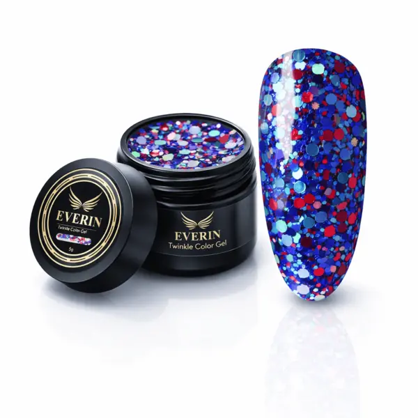 Twinkle Color Gel EVERIN 5ml – 24 | Gel Color Albastru Intens cu Sclipici Holografic și Reflexii Violet