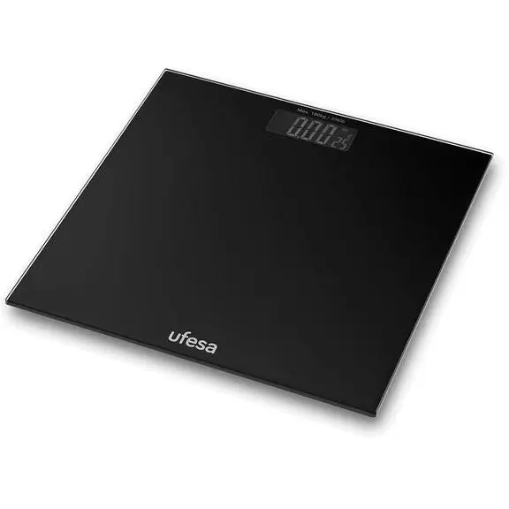 Ufesa Cantar electronic Ufesa Scale Zurich, greutate suportata 180 kg, Display LCD, Indicator supraponderalitate si temperatura camera, Sticla securizata, Ultra slim 30x30 cm, Pornire/Oprire automata, Negru