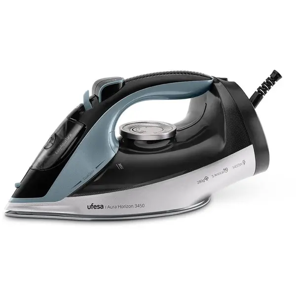 Ufesa Fier de calcat cu abur Ufesa 80106066, 3450W, Talpa ceramica DualGlide, Jet abur 280 g/min, Abur vertical, Sistem anti-calcar 3in1, Auto-oprire, Rezervor 350 ml, Negru
