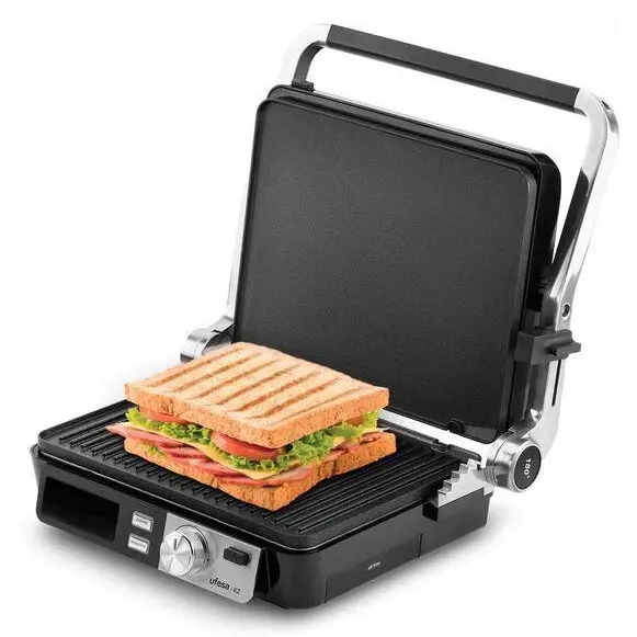 Ufesa Grill-gratar electric de contact, Ufesa K2/72105956, 2000 W, 5 programe, 3 niveluri de gatire, Inox-Negru