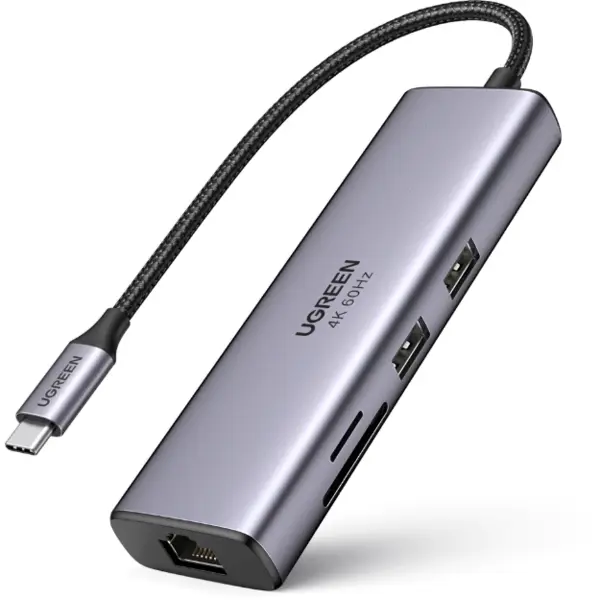Ugreen Adaptor HUB 7-in-1 Ugreen CM512, USB-C - 2x USB 3.2, 1x USB-C PD, 1x HDMI 4K, 1x RJ45, 1x MicroSD, 1x SD, Gri