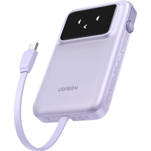 Ugreen Baterie externa UGREEN Uno 10.000 mAh, 30W, cablu USB-C incorporat, Violet