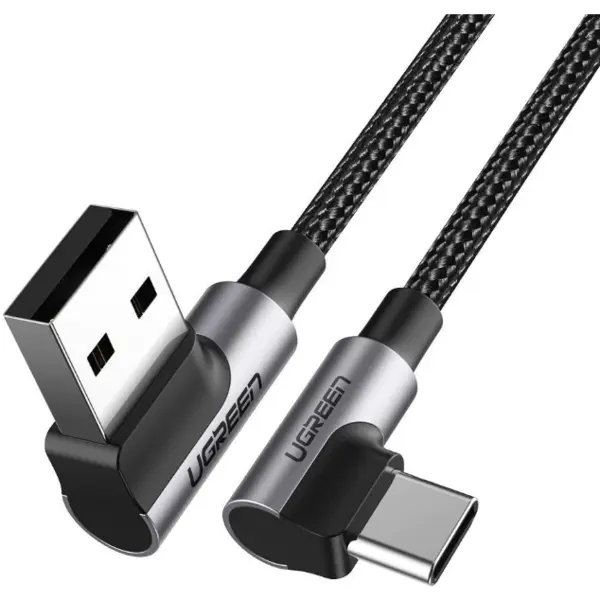 Ugreen CABLU alimentare si date Ugreen, US176, Fast Charging Data Cable pt. smartphone, USB la USB Type-C 3A Complete Angled 90°, braided, 1m, negru