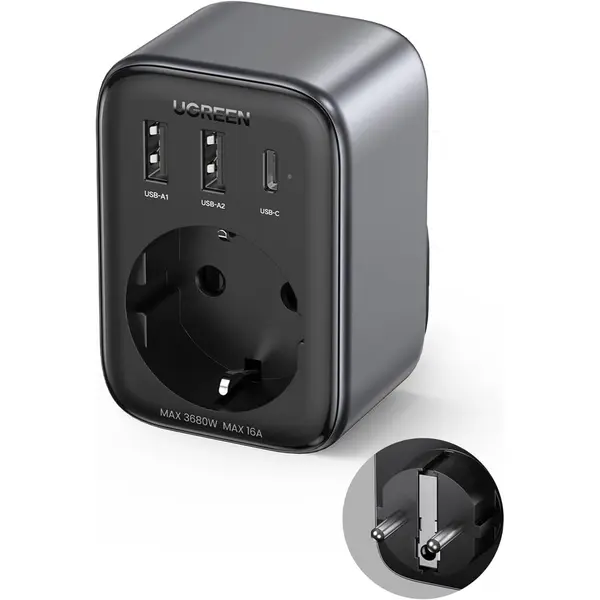 Ugreen Extender priza Ugreen, 220V AC, 3680W, Quick Charger, 2x USB-A, 1x USB-C 30W, Negru