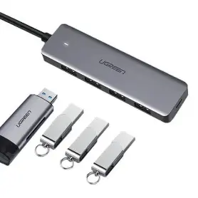 Ugreen HUB extern Ugreen, CM219 porturi USB: USB 3.0 x 4, conectare prin USB, material ABS, port micro USB 5V, lungime 15 cm, LED, gri, 50985