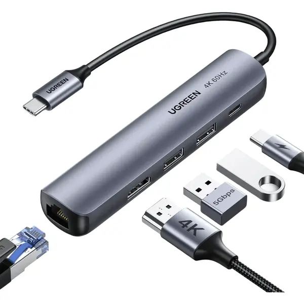 Ugreen Hub Ugreen 5-in-1 USB-C la 60Hz Ethernet, 4K HDMI, 2x USB-A, USB-C, Gri