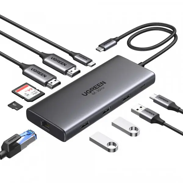 Ugreen Hub USB-C UGREEN Revodok Pro 210 CM639, 1 x USB-A 3.0 - 2 x USB-A - 2 x USB-C - 2 x HDMI - 1 x RJ45 - 1 x SD - 1 x microSD, Gri