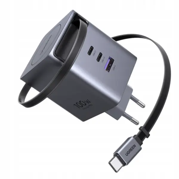 Ugreen Incarcator retea Ugreen Nexode 100W, GaN Fast Charger, 2x USB-C, 1x USB-A, cu cablu retractabil, Gri