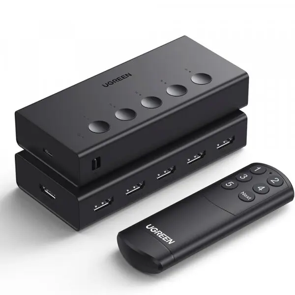 Ugreen Switch Video HDMI UGREEN CM568 (90512), 5x HDMI, 1x IR, Rezolutie maxima 4K la 60Hz, Telecomanda, Negru