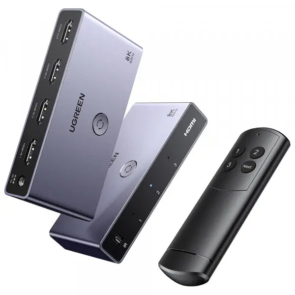 Ugreen Switch Video HDMI UGREEN CM624 (15604), 3x HDMI, 1x IR, Viteza transfer date pana la 48Gbps, Rezolutie maxima 8K la 60Hz, Telecomanda, Gri