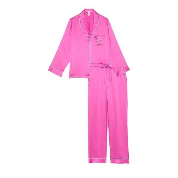 Ultra shiny satin long pijamas - pink Xl