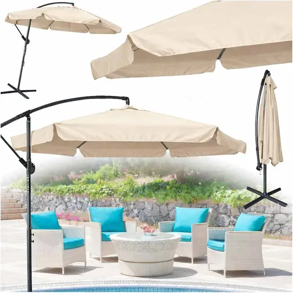 Umbrela de gradina premium cu brat lateral 290 cm, pliabila, bej