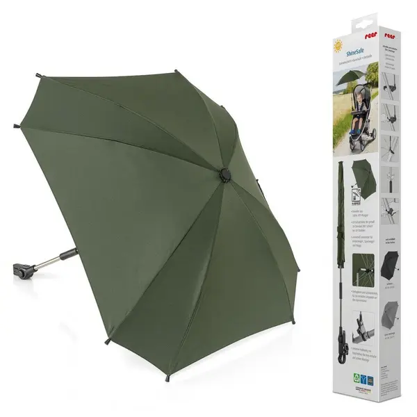 Umbrela parasolar carucior copii, protectie UV 80+, forma patrata 80 cm, reglabila 180, prindere universala anti-alunecare, Reer ShineSafe Verde