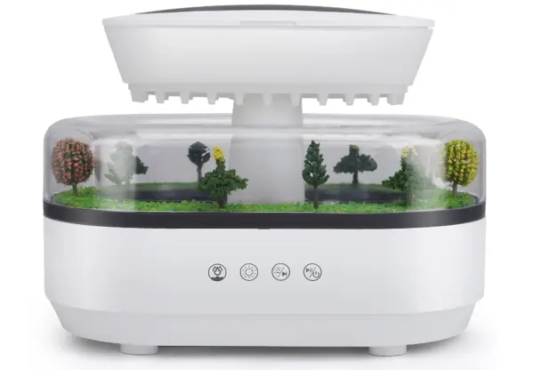 Umidificator cu efect de ploaie si mini peisaj LED RGB aromaterapie lumina ambientala design relaxant