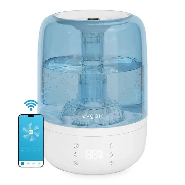 - Umidificator Evoair LUNO BLUE, Smart, Wifi, Rezervor 2.5LCapacitate de umidificare 150 ml/h, Senzor umiditate, Autonomie 16 ore, Indicator umiditate și temperatură, Alb&Albastru
