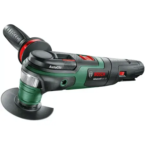 Unealta multifuncționala pe acumulator Bosch AdvancedMulti 0603104000, 18 V, 20.000 RPM, 2.8° oscilatie, panza fierastrau segmentata ACZ 85 EB, panza fierastrau ACZ 85 EB, maner cu amortizor, placa slefuire, set hartie abraziva, limitator adancime