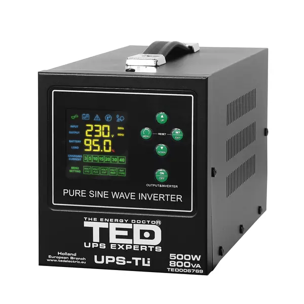 UPS 800VA/500W cu undă sinusoidală pură și runtime extins, compatibil LiFePO4, TED Electric