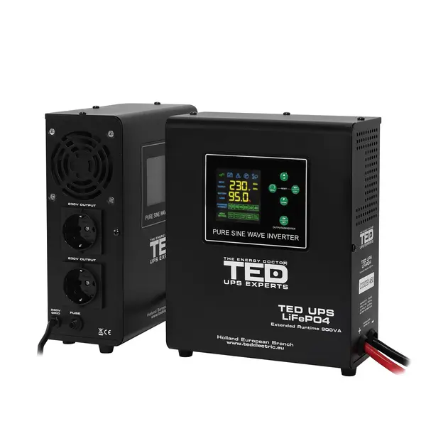 UPS cu runtime extins TED Electric, 900VA, 500W, sinusoidala pura, AVR, acumulator extern 12V LiFePO4 sau plumb-acid, montare pe perete, 2 prize Schuko, A0116704