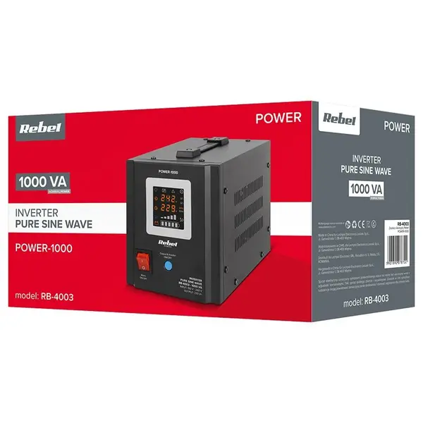 UPS cu sinus pur 1000VA/700W pentru centrale termice și electrocasnice, baterie externă 12V, Rebel RB-4003