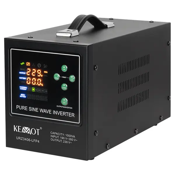 UPS pentru centrala termica cu unda sinusoidala pura, display LCD, 1 iesire Schuko 1000VA 700W, utilizeaza 1 acumulator 12V (neinclus), Kemot
