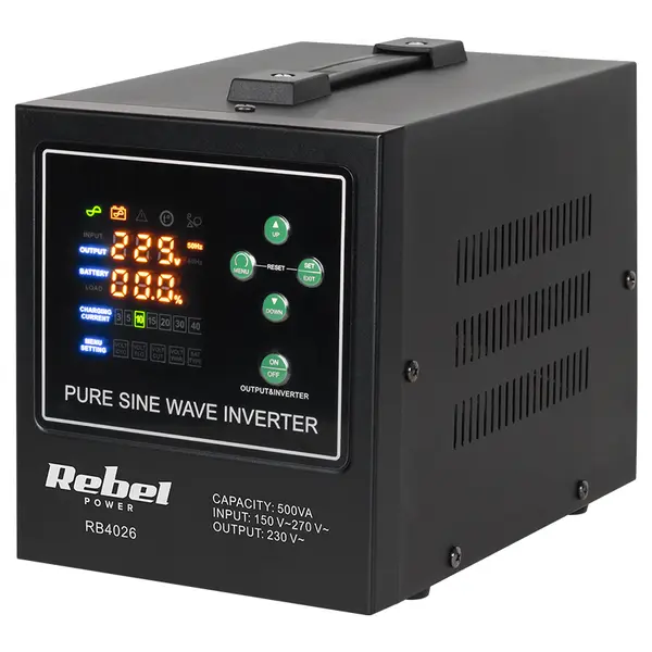 UPS pentru centrala termica cu unda sinusoidala pura, display LCD si 1 iesire Schuko 500VA 300W, utilizeaza 1 acumulator 12V (neinclus), Rebel