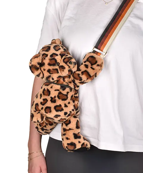 Ursulet din plus - geanta crossbody adorabila, 30 cm, imprimeu leopard