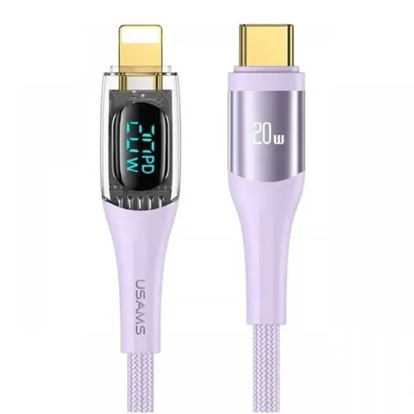 Usams Cablu Digital Type-C la Lightning Fast Charger, PD, 1.2m, Transparent / Mov