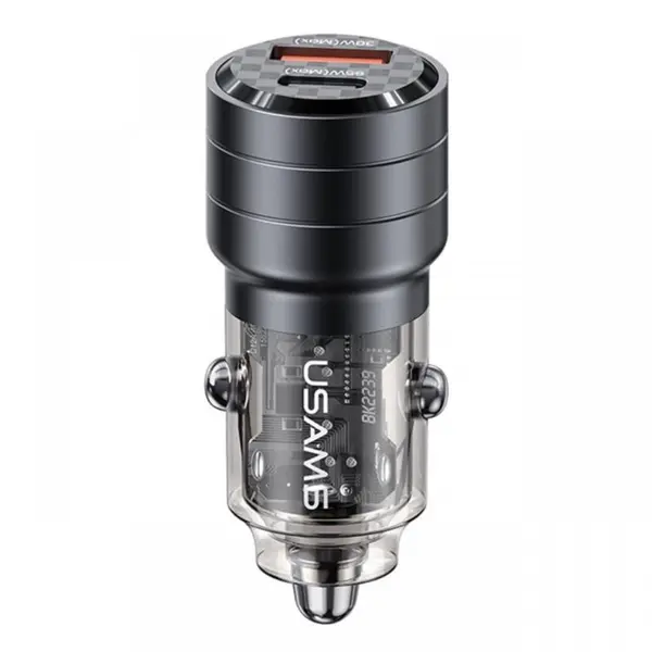 Usams Incarcator Auto Mini US-CC176 Dual port USB si Type-C, Fast Charge, 95W, Transparent / Negru