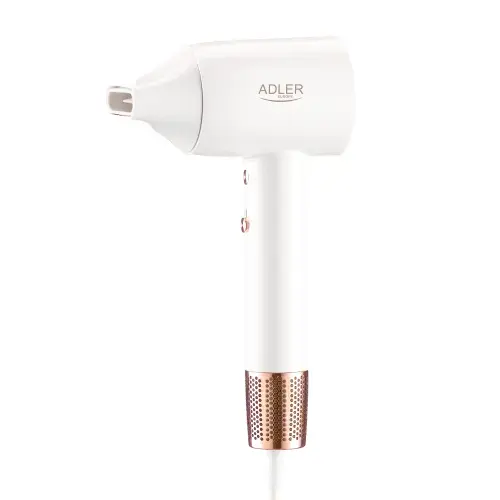 Uscator de par Adler AD 2272, 110.000 RPM, 1800W, afisaj LED, flux aer 20 m/s, 3 setari temperatura, 2 trepte viteza, nivel zgomot 67 dB, tehnologie ionizare, concentrator magnetic (Alb/Auriu)