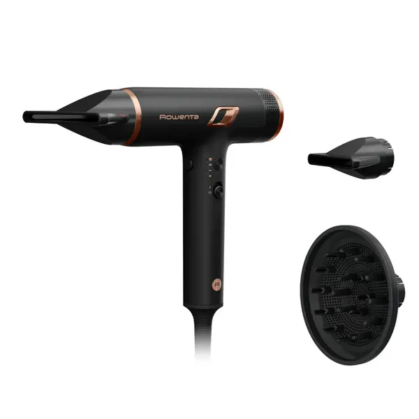 Uscator de par compact Rowenta Nano HY8310F0, 1700W, 3 trepte de temperatura, 3 trepte de viteza, generator de ioni, flux de aer rece, duza de concentrare, difuzor volum, grilaj detasabil, perie de curatare, negru
